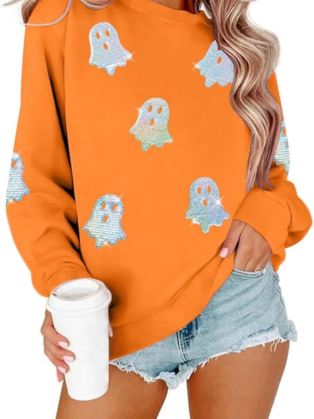 Myhalf Haloween sweatshirts for wonen. Colorful ghost sequins ( small)